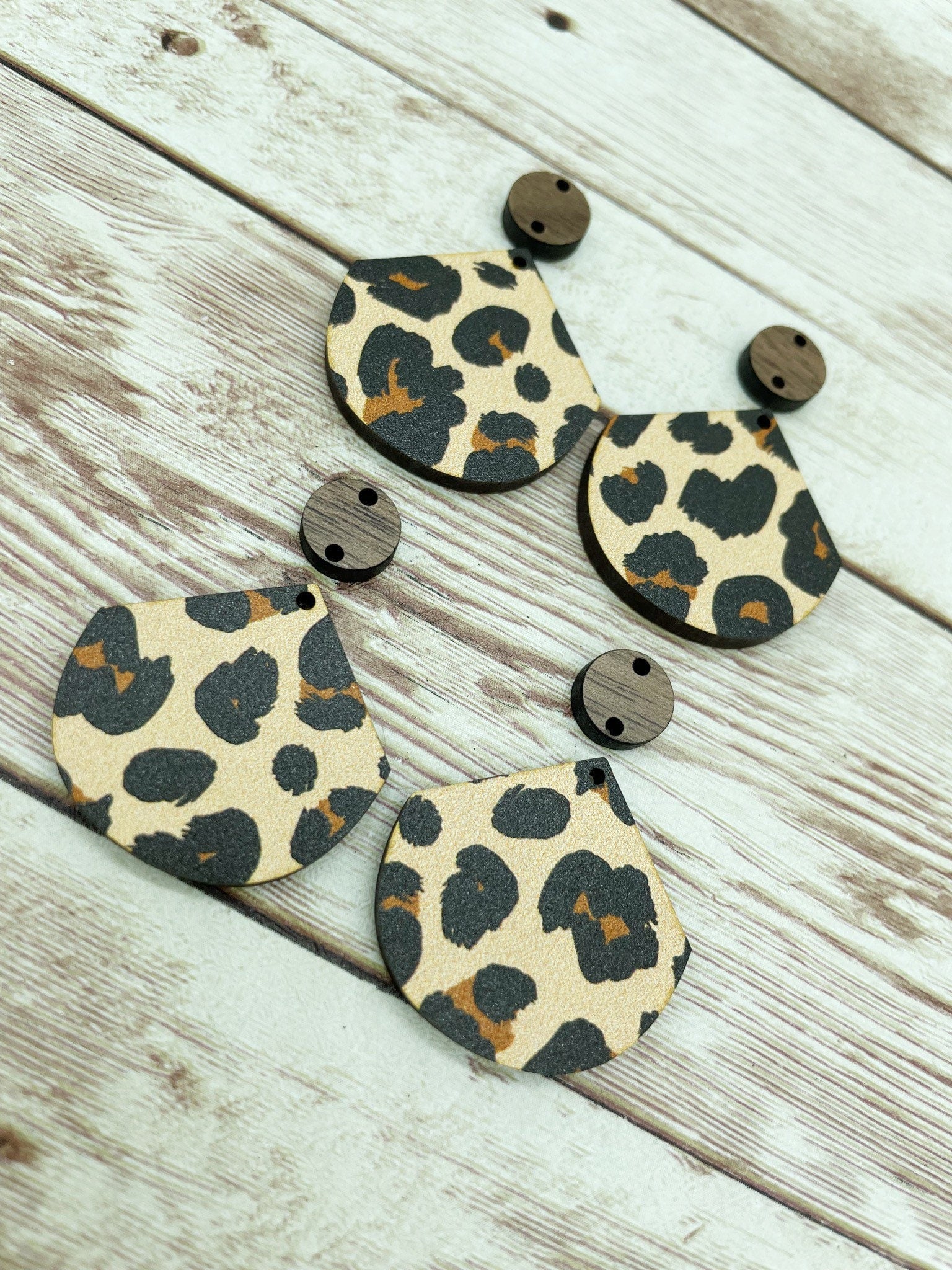 Patterned Wood and Walnut Pointed Circle Leopard Print Earring Blanks, DIY Jewelry Making