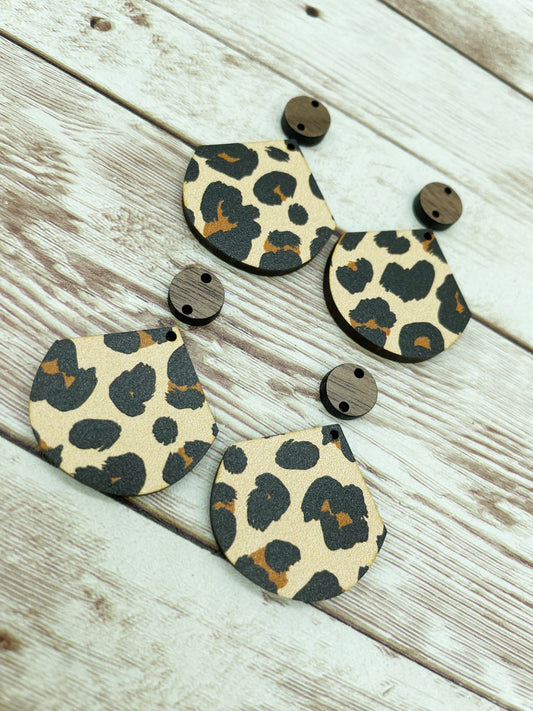 Patterned Wood and Walnut Pointed Circle Leopard Print Earring Blanks, DIY Jewelry Making