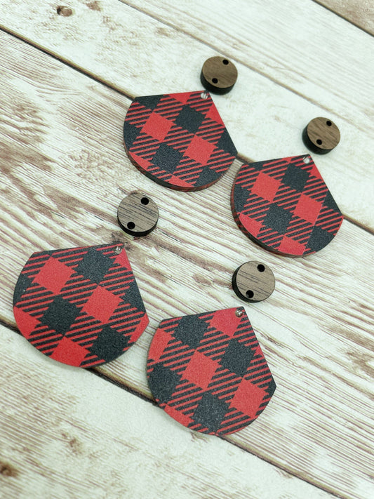 Patterned Acrylic and Wood Pointed Circle Red Buffalo Plaid Print Earring Blanks, DIY Jewelry Making