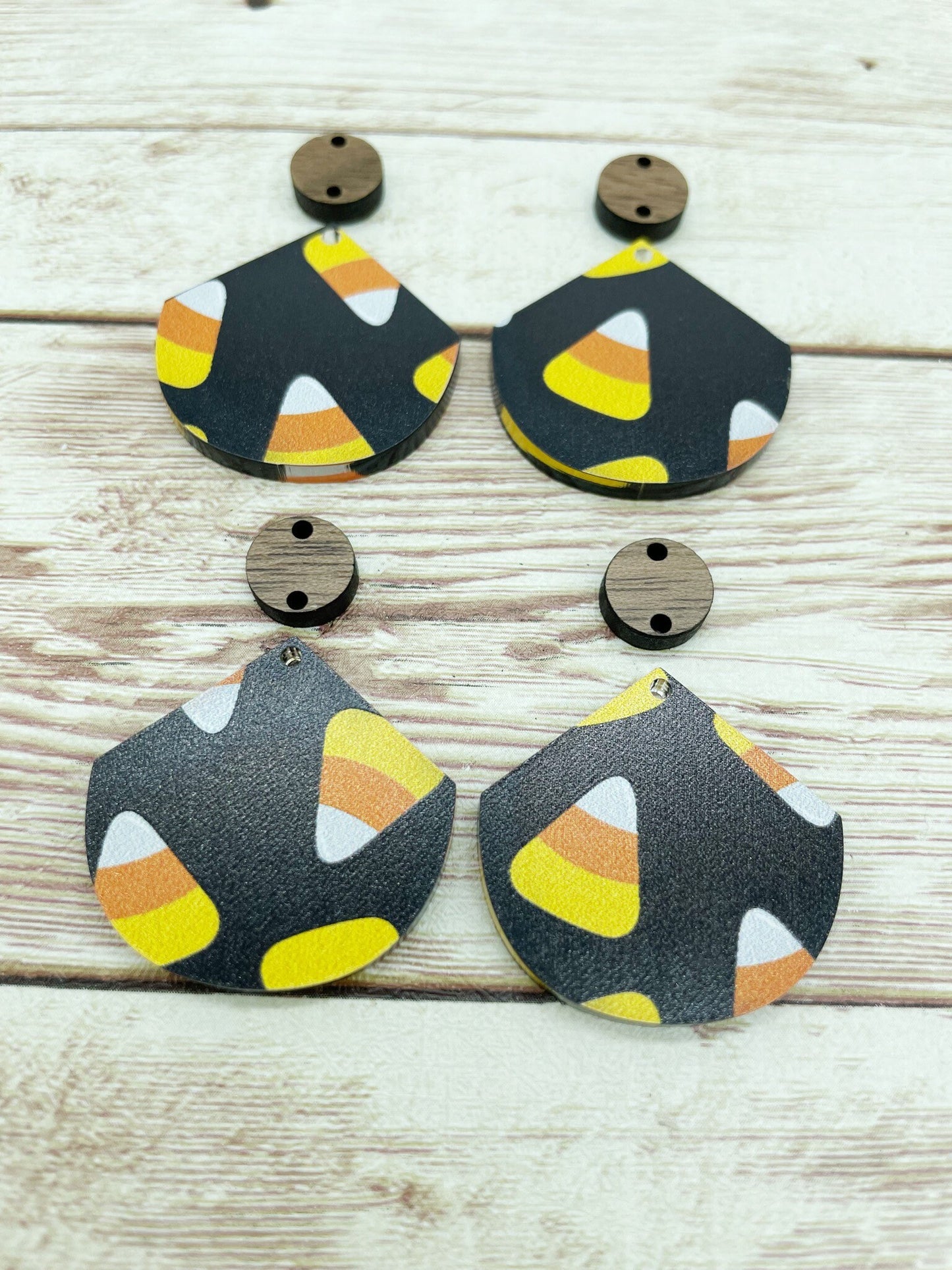 Patterned Acrylic and Wood Pointed Circle Halloween Candy Corn Print Earring Blanks, DIY Jewelry Making
