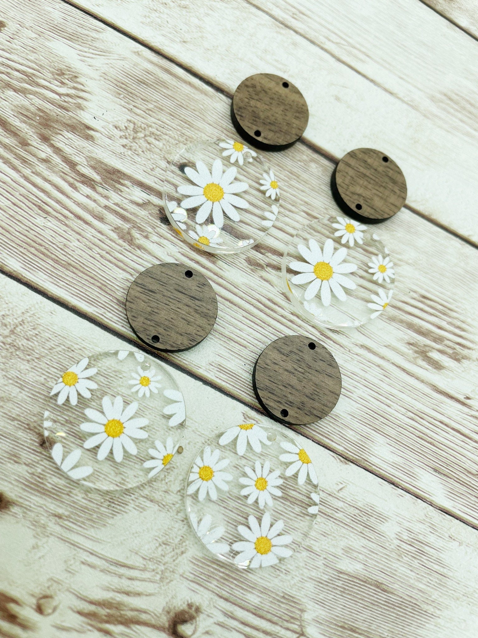 Patterned Acrylic and Wood Circle Set Daisy Flower Print Earring Blanks, DIY Jewelry Making
