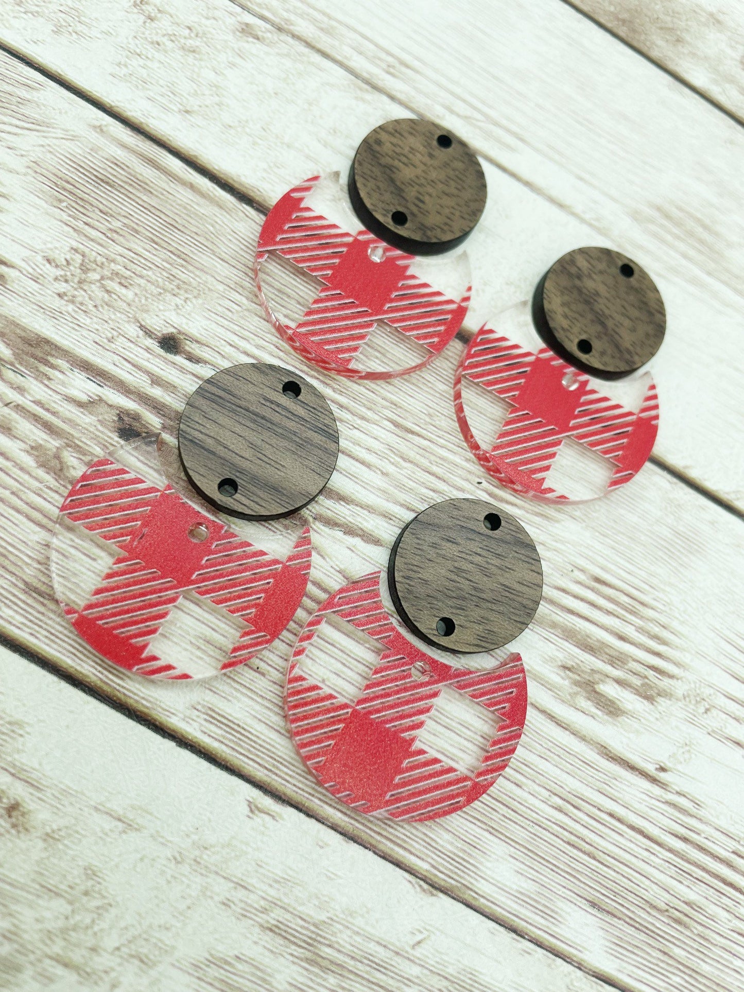 Patterned Red Plaid Acrylic and Wood Circle Set Earring Blanks, DIY Jewelry Making