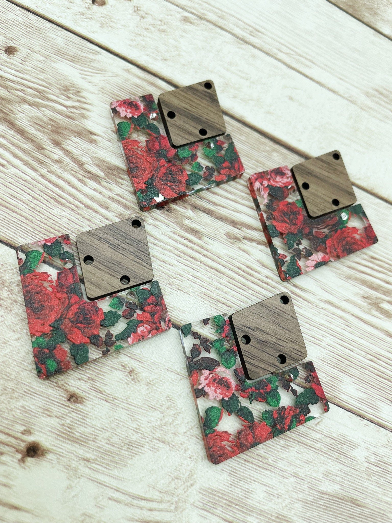 Patterned Red and Pink Rose Print Acrylic and Wood Earring Blanks, DIY Jewelry Making