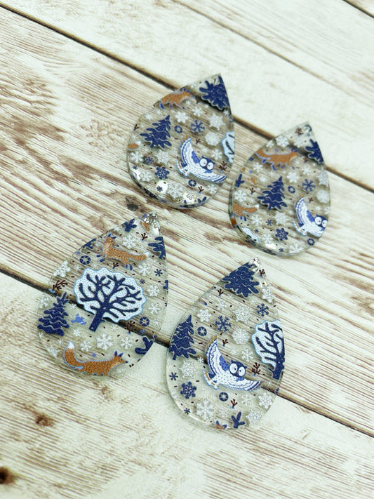 Patterned Winter Owl Fox Print Acrylic Teardrop Earring Blanks, DIY Jewelry Making