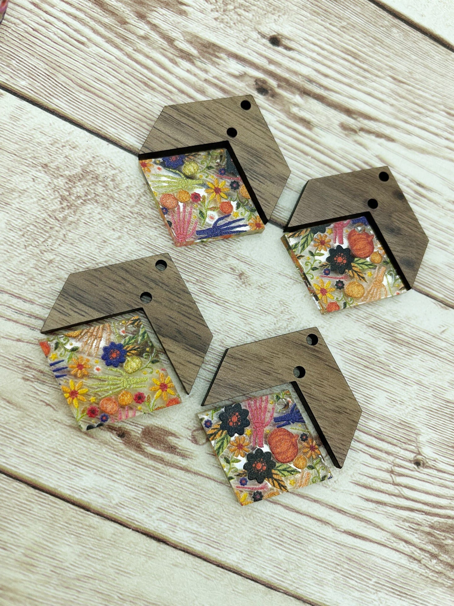 Patterned Floral Fall Skeleton Hand and Wood Arrow Diamond Set Earring Blanks, DIY Jewelry Making