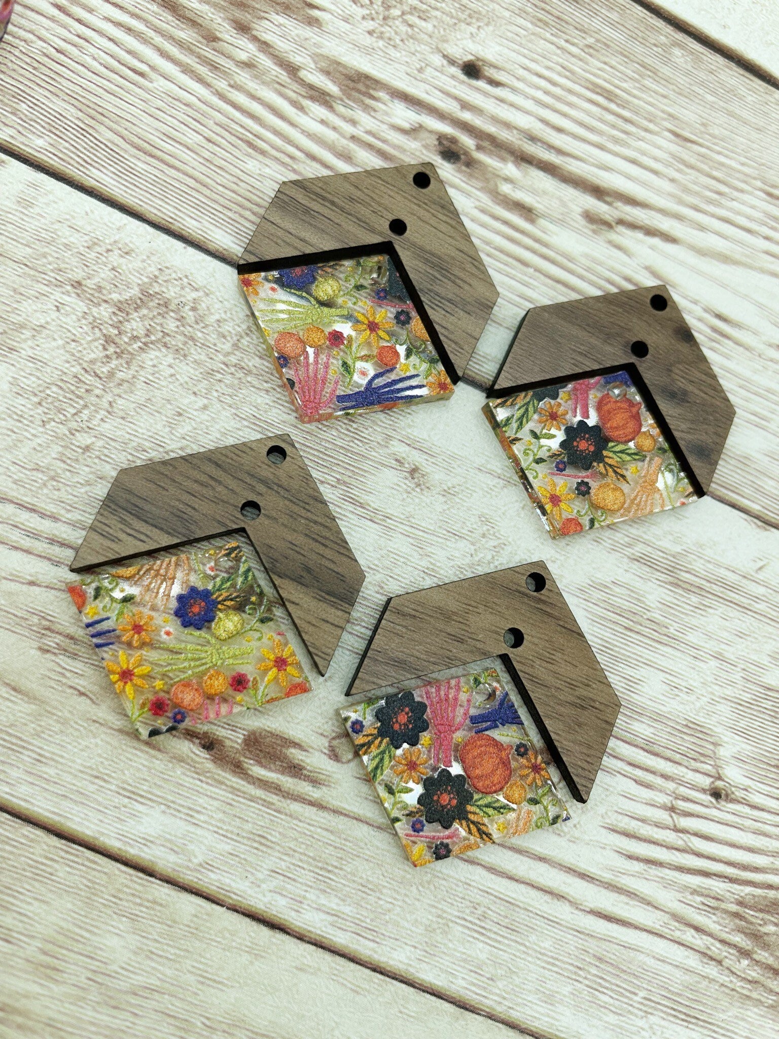 Patterned Floral Fall Skeleton Hand and Wood Arrow Diamond Set Earring Blanks, DIY Jewelry Making