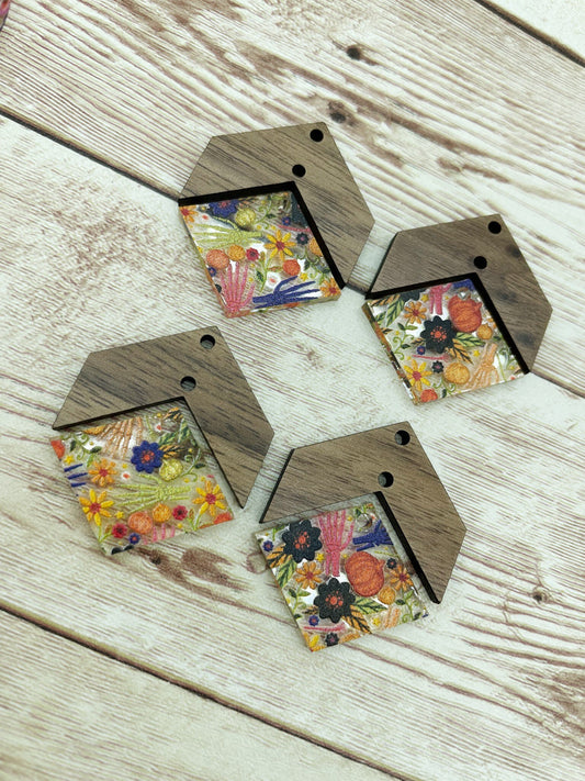 Patterned Floral Fall Skeleton Hand and Wood Arrow Diamond Set Earring Blanks, DIY Jewelry Making