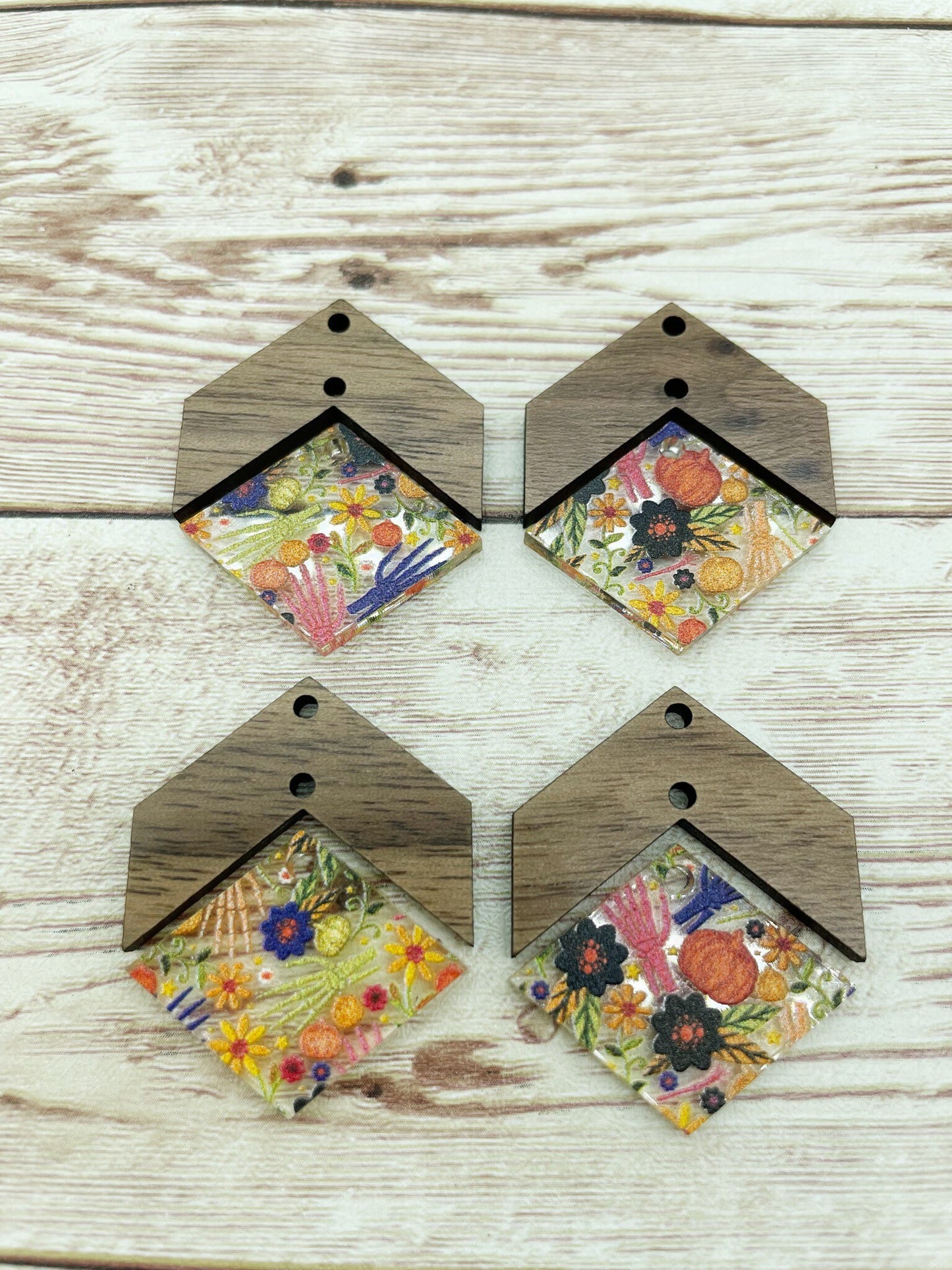Patterned Floral Fall Skeleton Hand and Wood Arrow Diamond Set Earring Blanks, DIY Jewelry Making