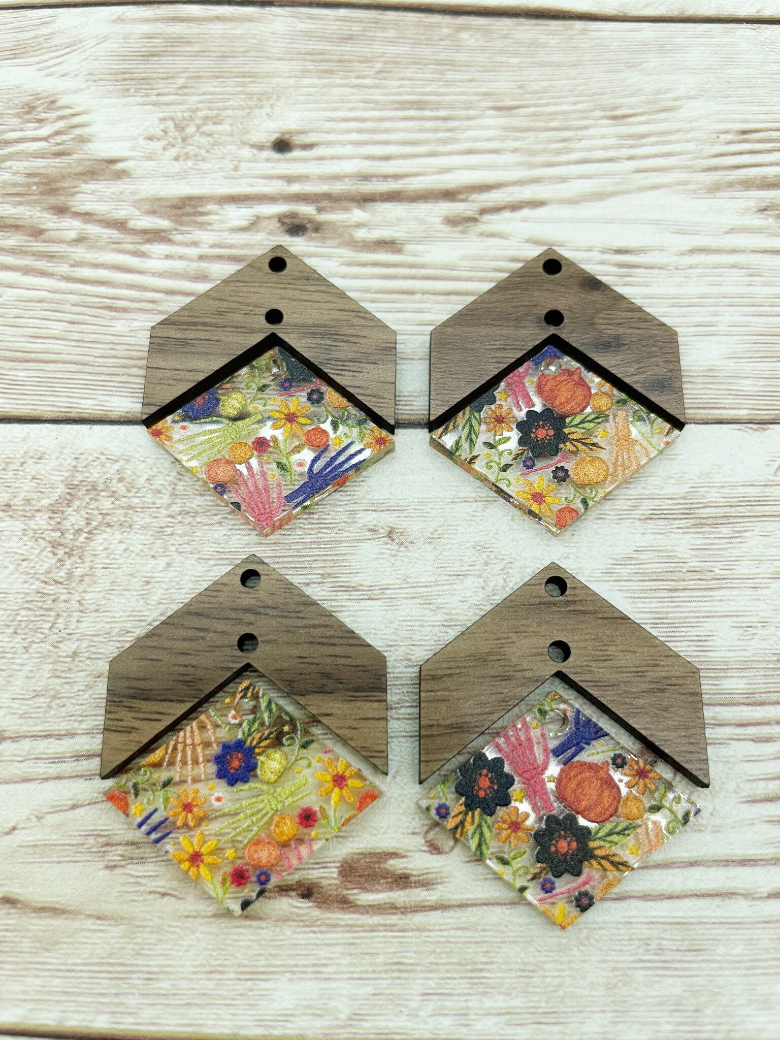 Patterned Floral Fall Skeleton Hand and Wood Arrow Diamond Set Earring Blanks, DIY Jewelry Making