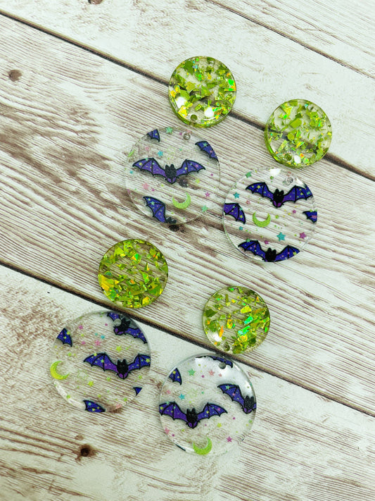 Patterned Neon Bat Print and Green Glitter Circle Set Earring Blanks, DIY Jewelry Making