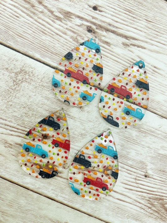 Patterned Fall Vintage Truck Print Acrylic Teardrop Earring Blanks, DIY Jewelry Making