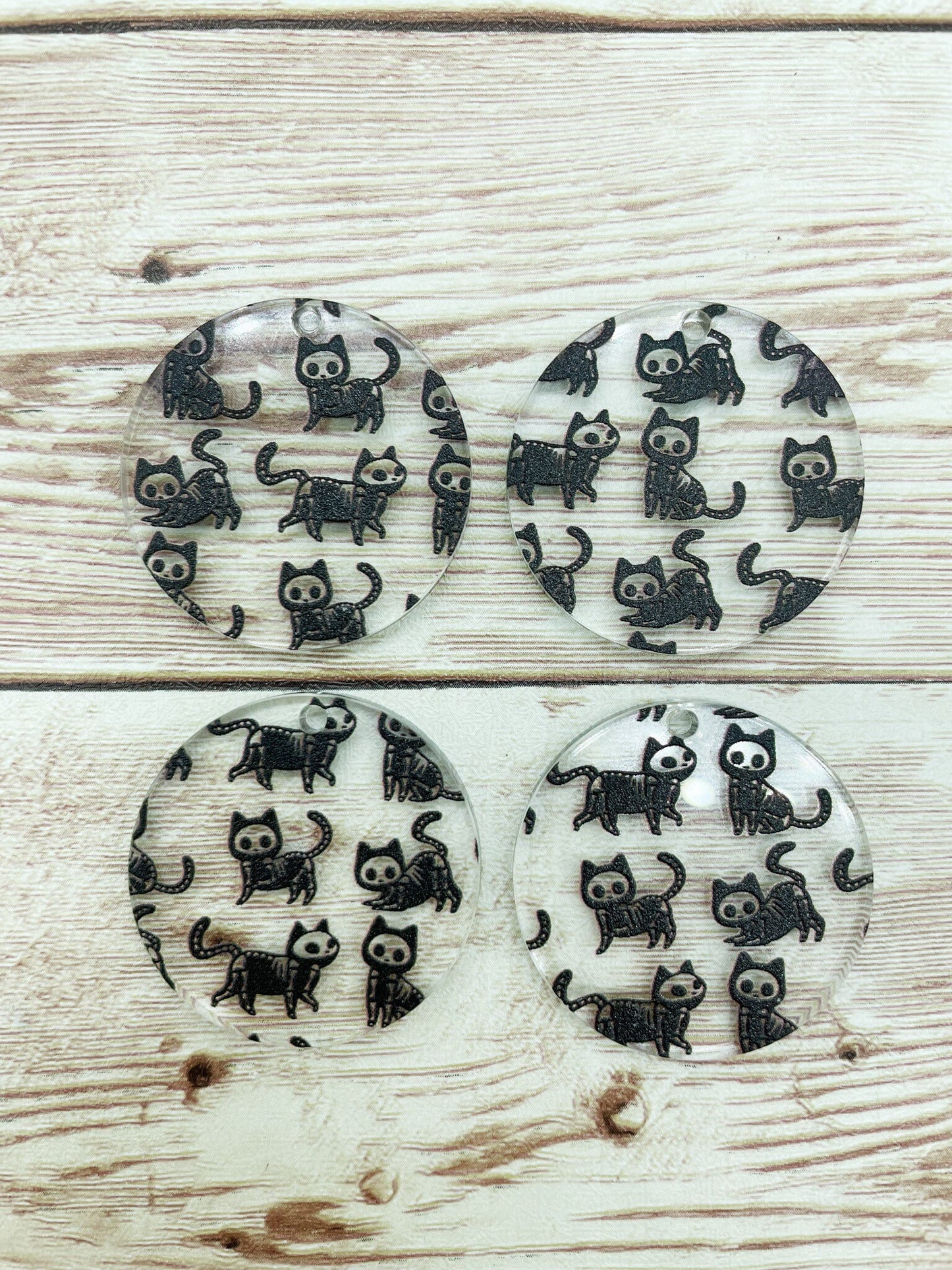 Patterned Acrylic Skeleton Cat Halloween Round Earring Blanks, DIY Jewelry Making