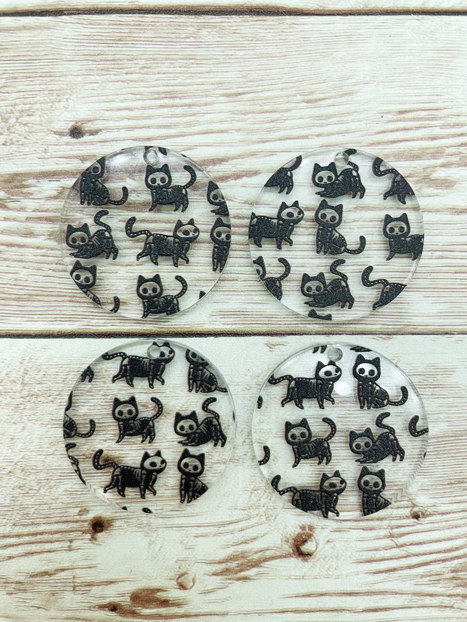 Patterned Acrylic Skeleton Cat Halloween Round Earring Blanks, DIY Jewelry Making