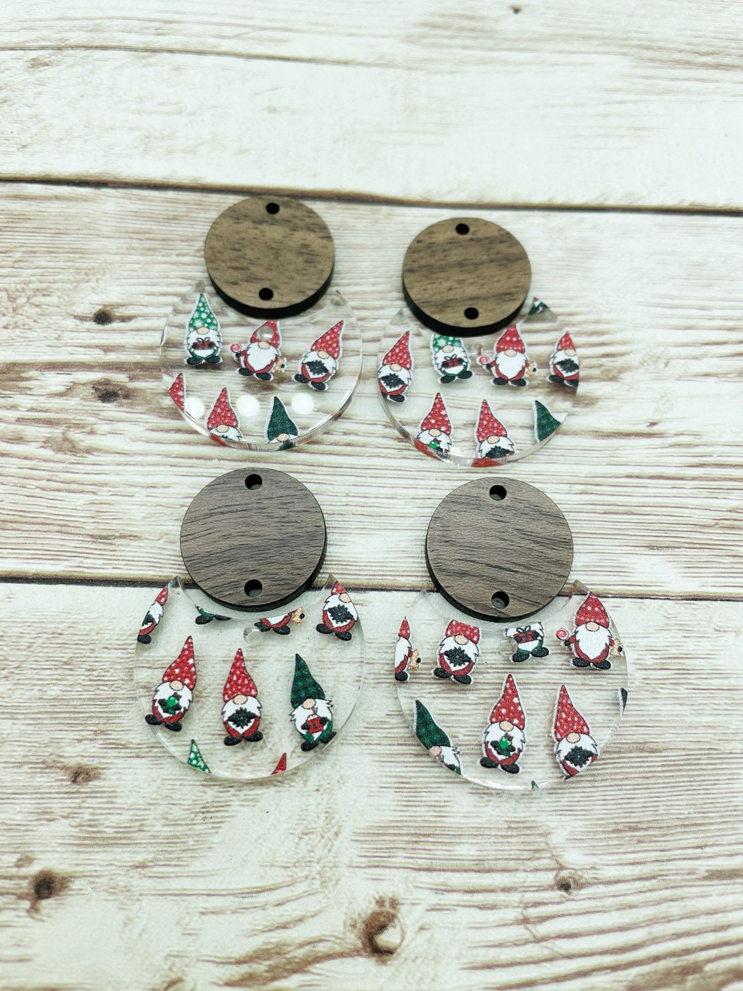 Patterned Christmas Gnome Acrylic and Wood Circle Set Earring Blanks, DIY Jewelry Making