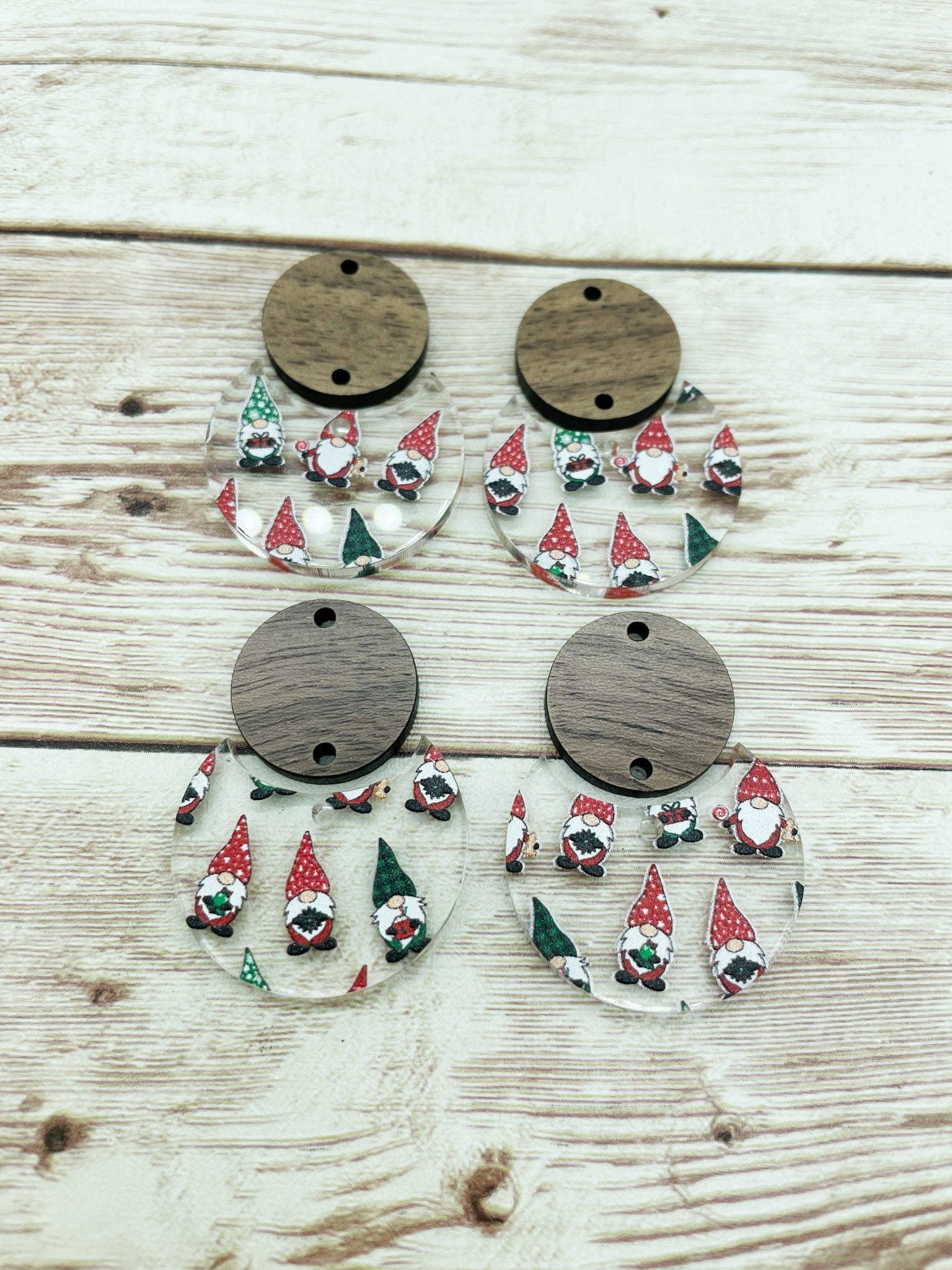 Patterned Christmas Gnome Acrylic and Wood Circle Set Earring Blanks, DIY Jewelry Making
