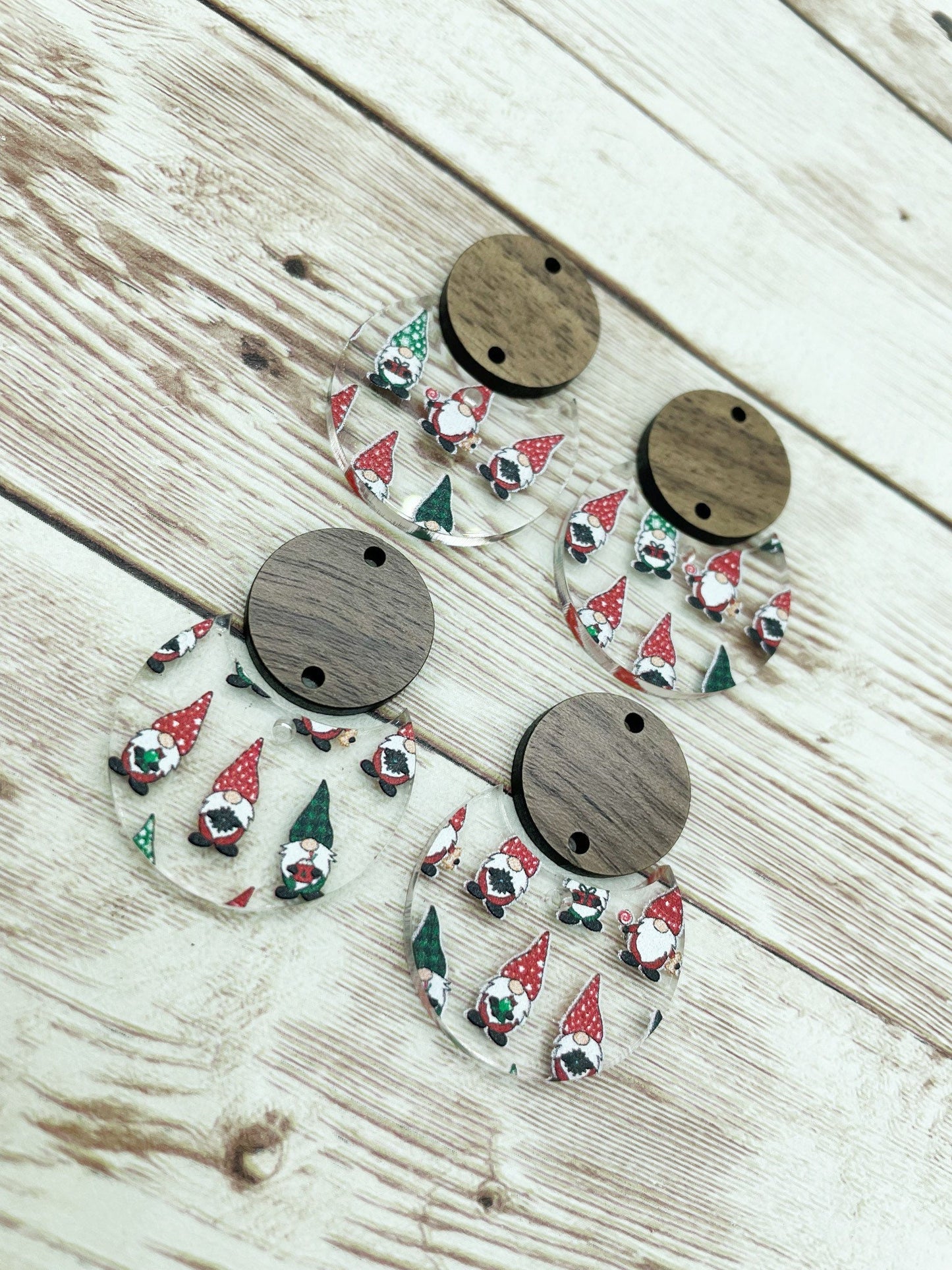 Patterned Christmas Gnome Acrylic and Wood Circle Set Earring Blanks, DIY Jewelry Making