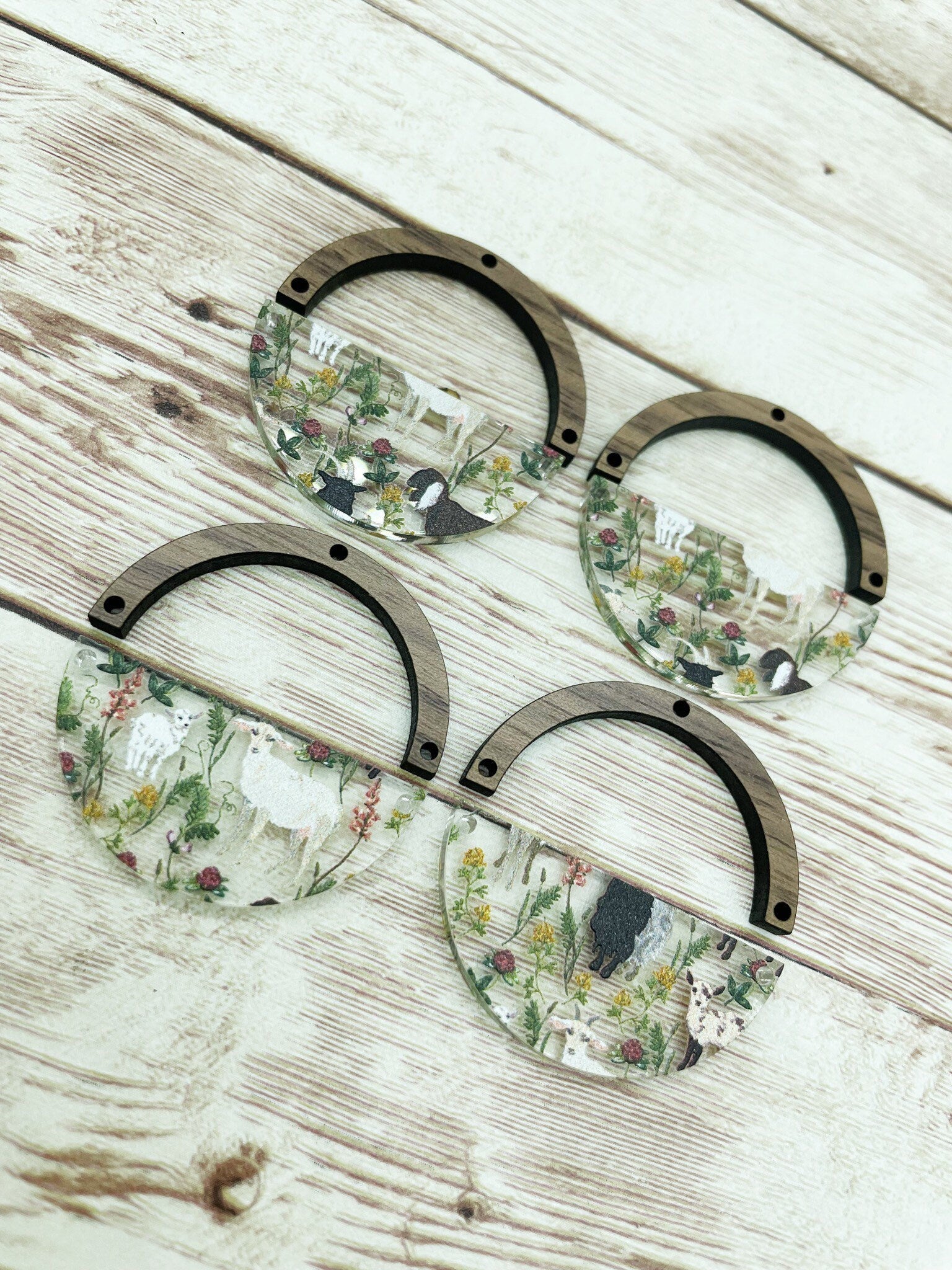 Patterned Floral Goat Acrylic and Wood Arch Round Earring Blanks, DIY Jewelry Making