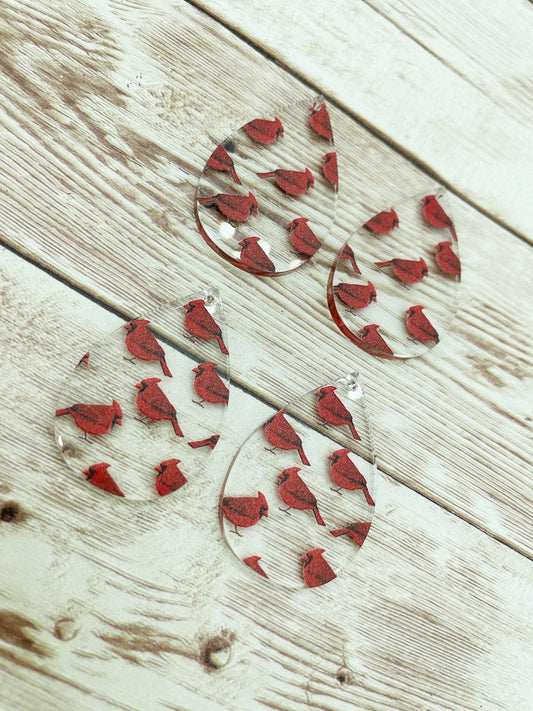 Patterned Cardinal Print Acrylic Teardrop Earring Blanks, DIY Jewelry Making