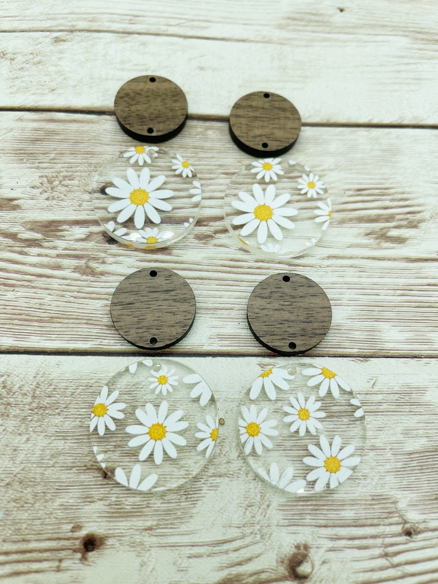 Patterned Acrylic and Wood Circle Set Daisy Flower Print Earring Blanks, DIY Jewelry Making