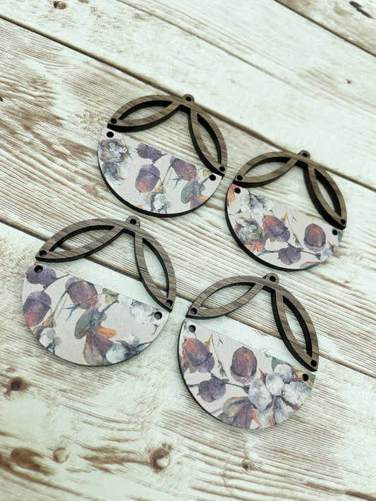 Patterned Fall Cotton and Acorn Intricate Wood Arch Round Earring Blanks, DIY Jewelry Making
