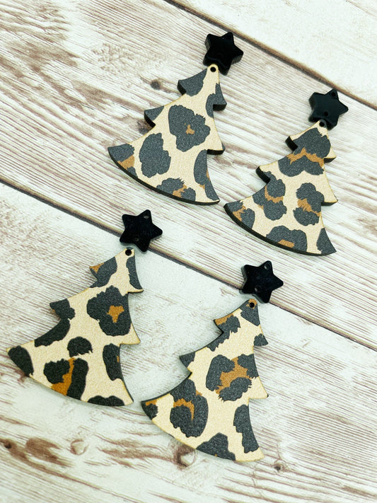 Patterned Leopard Print Wood Christmas Tree and Star Connector Set Earring Blanks, DIY Jewelry Making