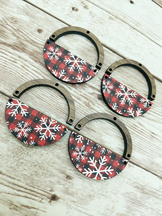 Patterned Wood and Wood Arch Round Snowflake Buffalo Plaid Earring Blanks, DIY Jewelry Making
