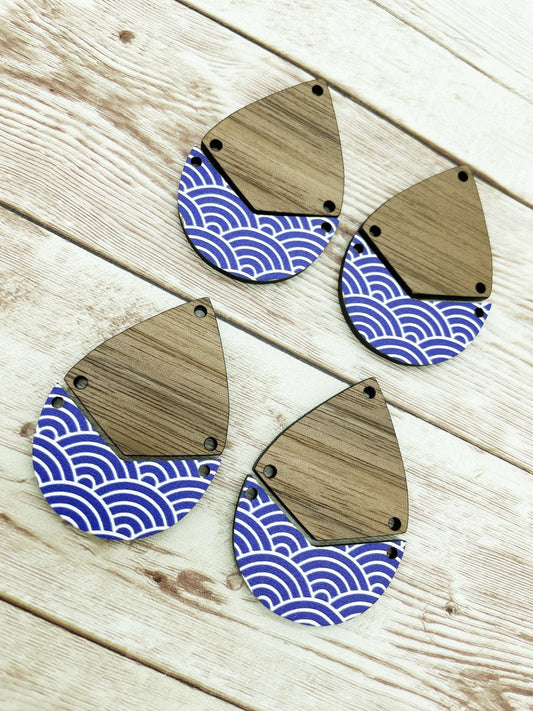 Patterned Blue Scalloped Wood and Walnut Teardrop Set Earring Blanks, DIY Jewelry Making