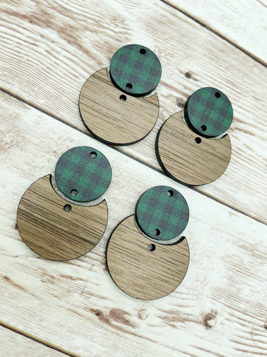 Patterned Green and Black Plaid and Wood Circle Set Earring Blanks, DIY Jewelry Making