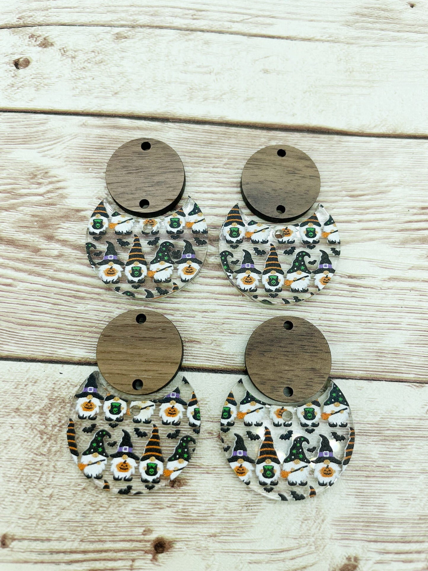 Patterned Halloween Gnome Acrylic and Wood Circle Set Earring Blanks, DIY Jewelry Making