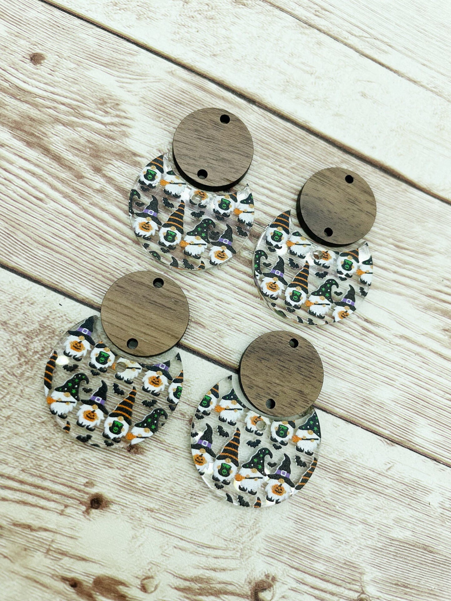 Patterned Halloween Gnome Acrylic and Wood Circle Set Earring Blanks, DIY Jewelry Making