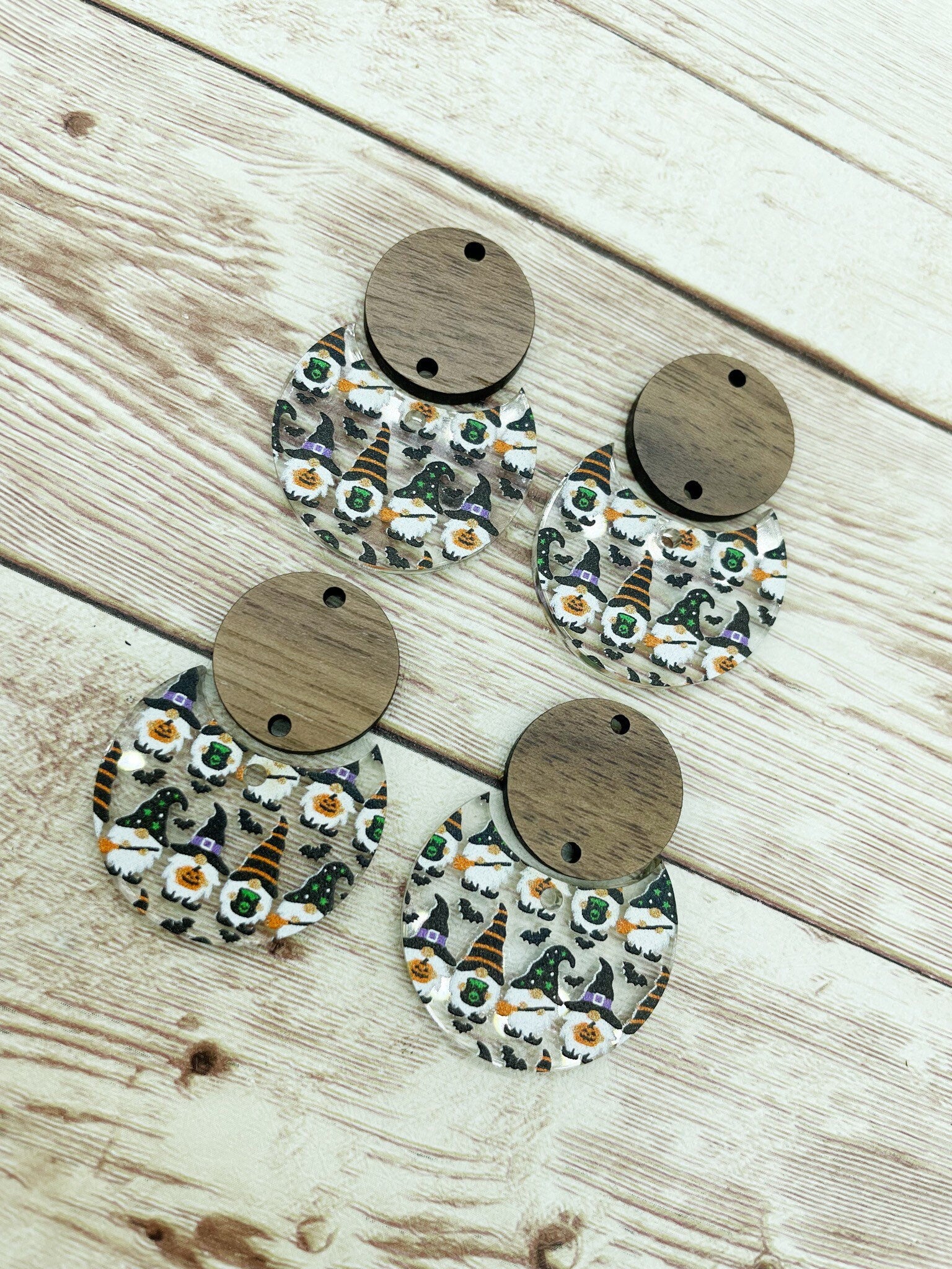 Patterned Halloween Gnome Acrylic and Wood Circle Set Earring Blanks, DIY Jewelry Making