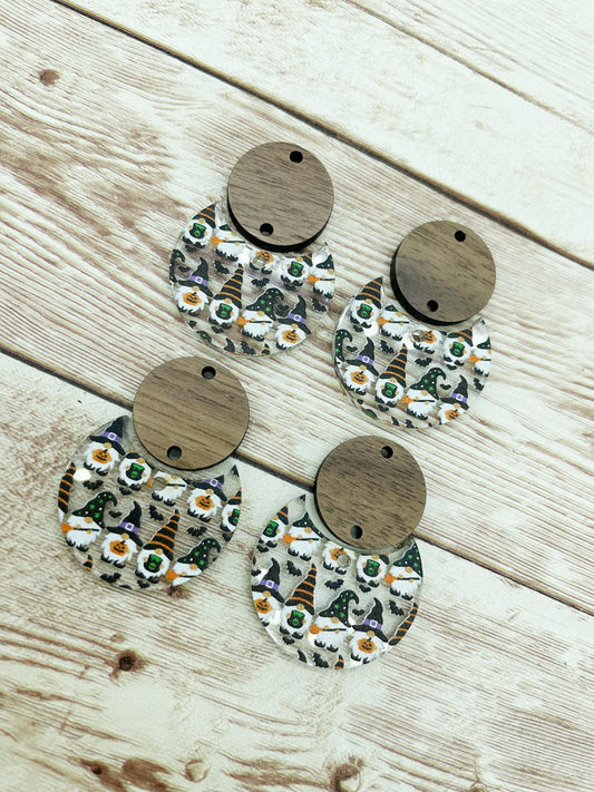 Patterned Halloween Gnome Acrylic and Wood Circle Set Earring Blanks, DIY Jewelry Making