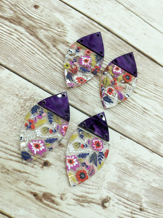 Patterned Floral Skeleton Acrylic and Marbled Purple Acrylic Earring Blanks, DIY Jewelry Making