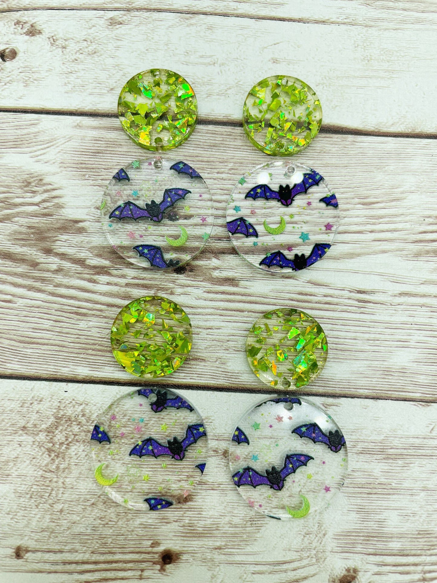 Patterned Neon Bat Print and Green Glitter Circle Set Earring Blanks, DIY Jewelry Making