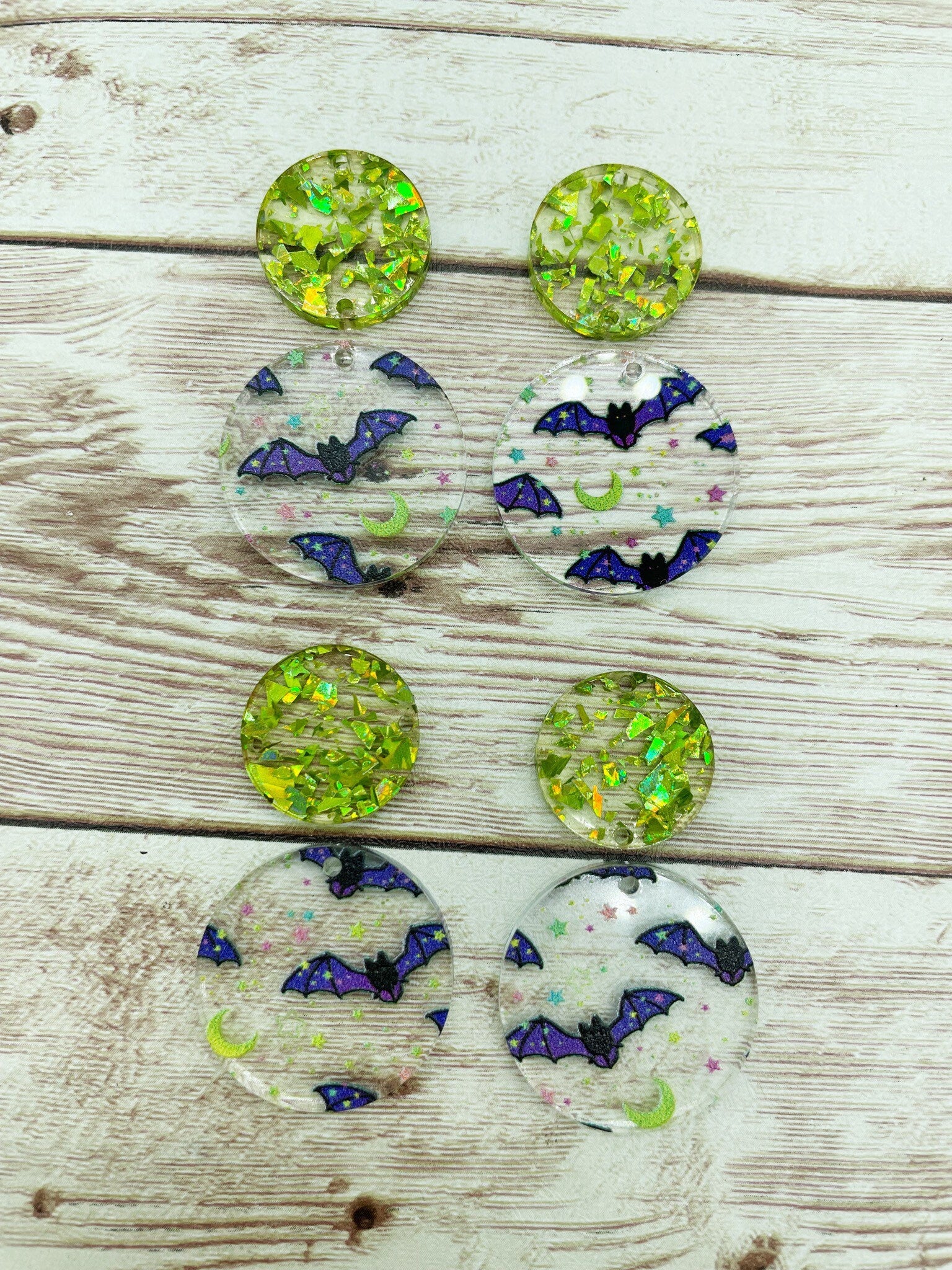 Patterned Neon Bat Print and Green Glitter Circle Set Earring Blanks, DIY Jewelry Making