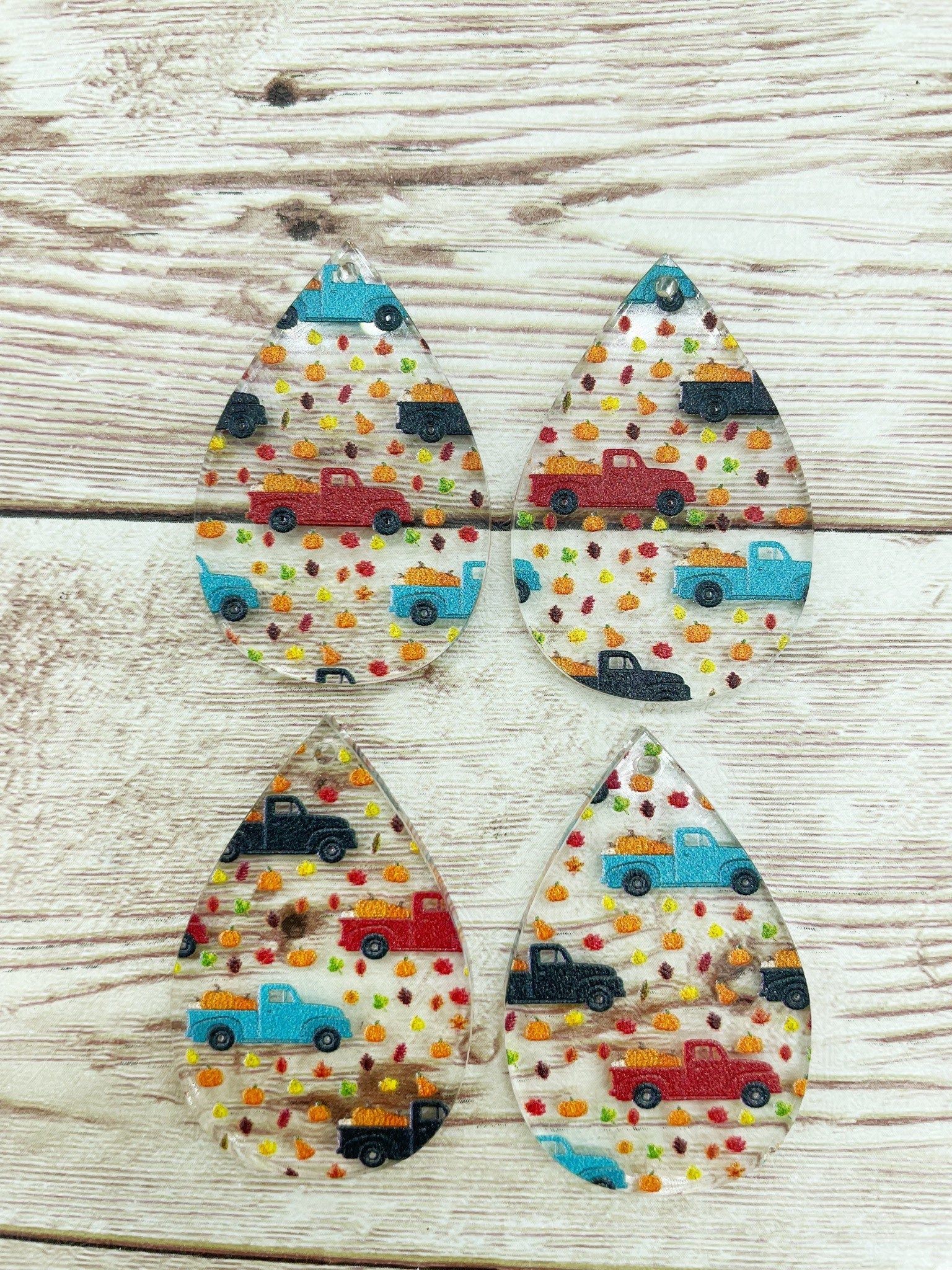 Patterned Fall Vintage Truck Print Acrylic Teardrop Earring Blanks, DIY Jewelry Making