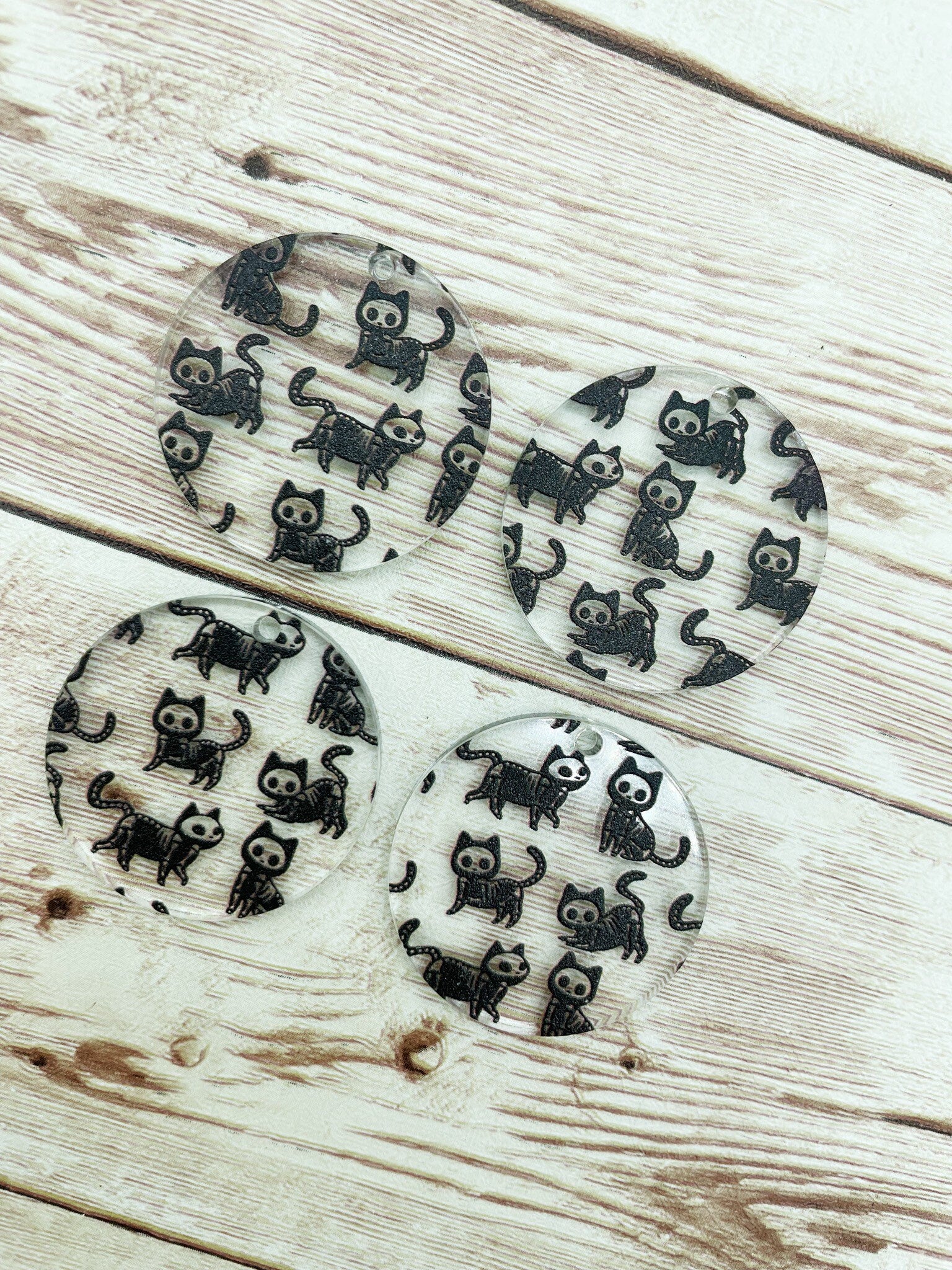 Patterned Acrylic Skeleton Cat Halloween Round Earring Blanks, DIY Jewelry Making