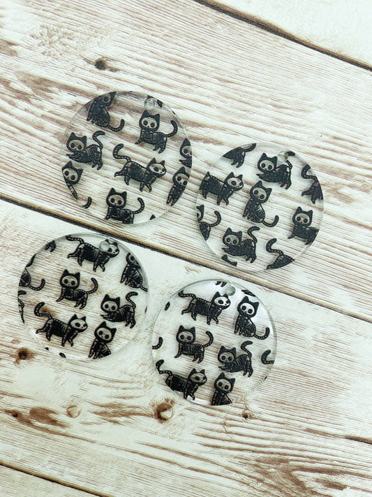 Patterned Acrylic Skeleton Cat Halloween Round Earring Blanks, DIY Jewelry Making