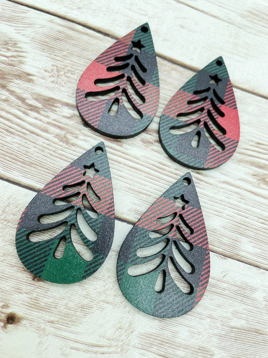 Patterned Plaid Christmas Tree Teardrop Earring Blanks, DIY Jewelry Making