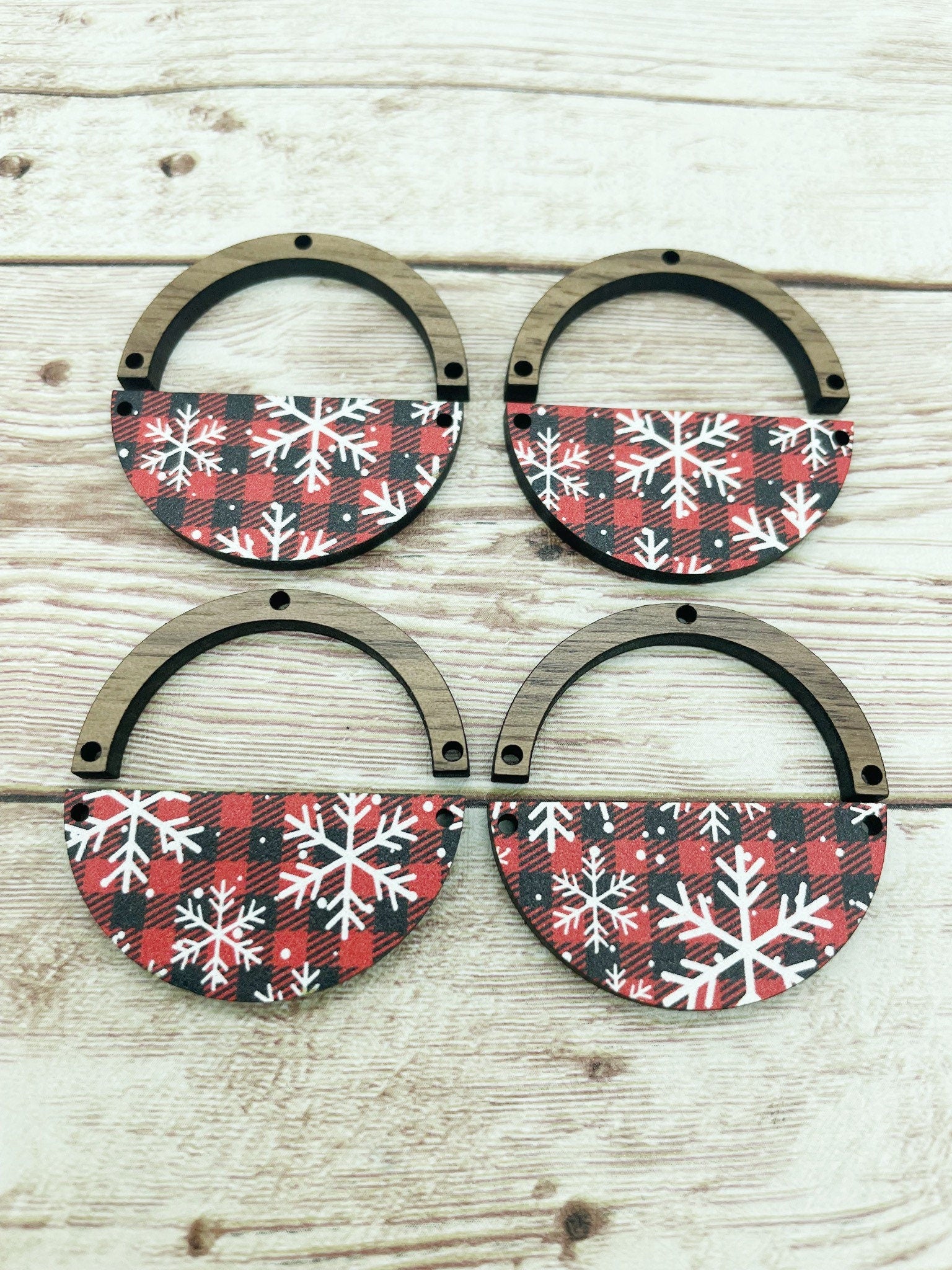 Patterned Wood and Wood Arch Round Snowflake Buffalo Plaid Earring Blanks, DIY Jewelry Making