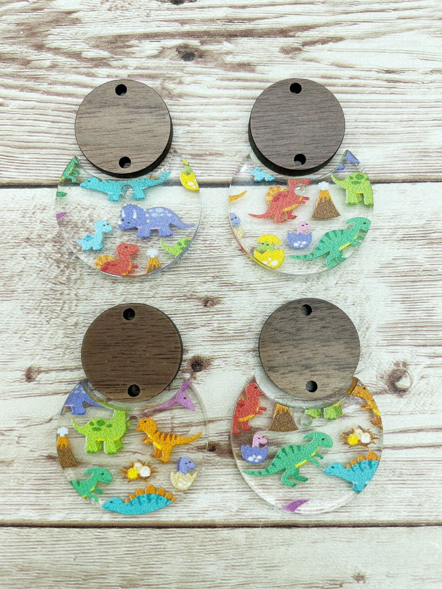 Patterned Dinosaur Acrylic and Wood Circle Set Earring Blanks, DIY Jewelry Making