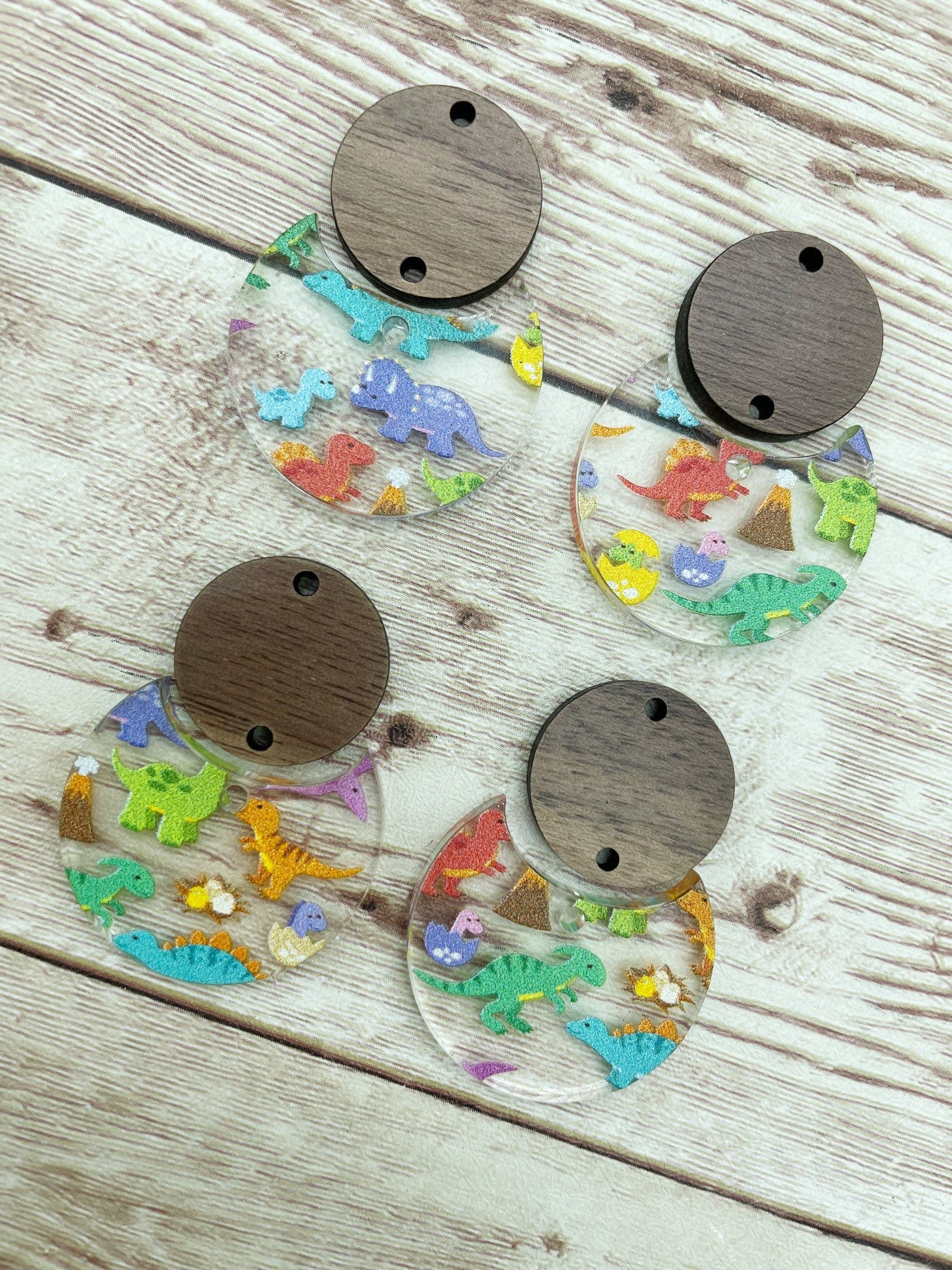 Patterned Dinosaur Acrylic and Wood Circle Set Earring Blanks, DIY Jewelry Making
