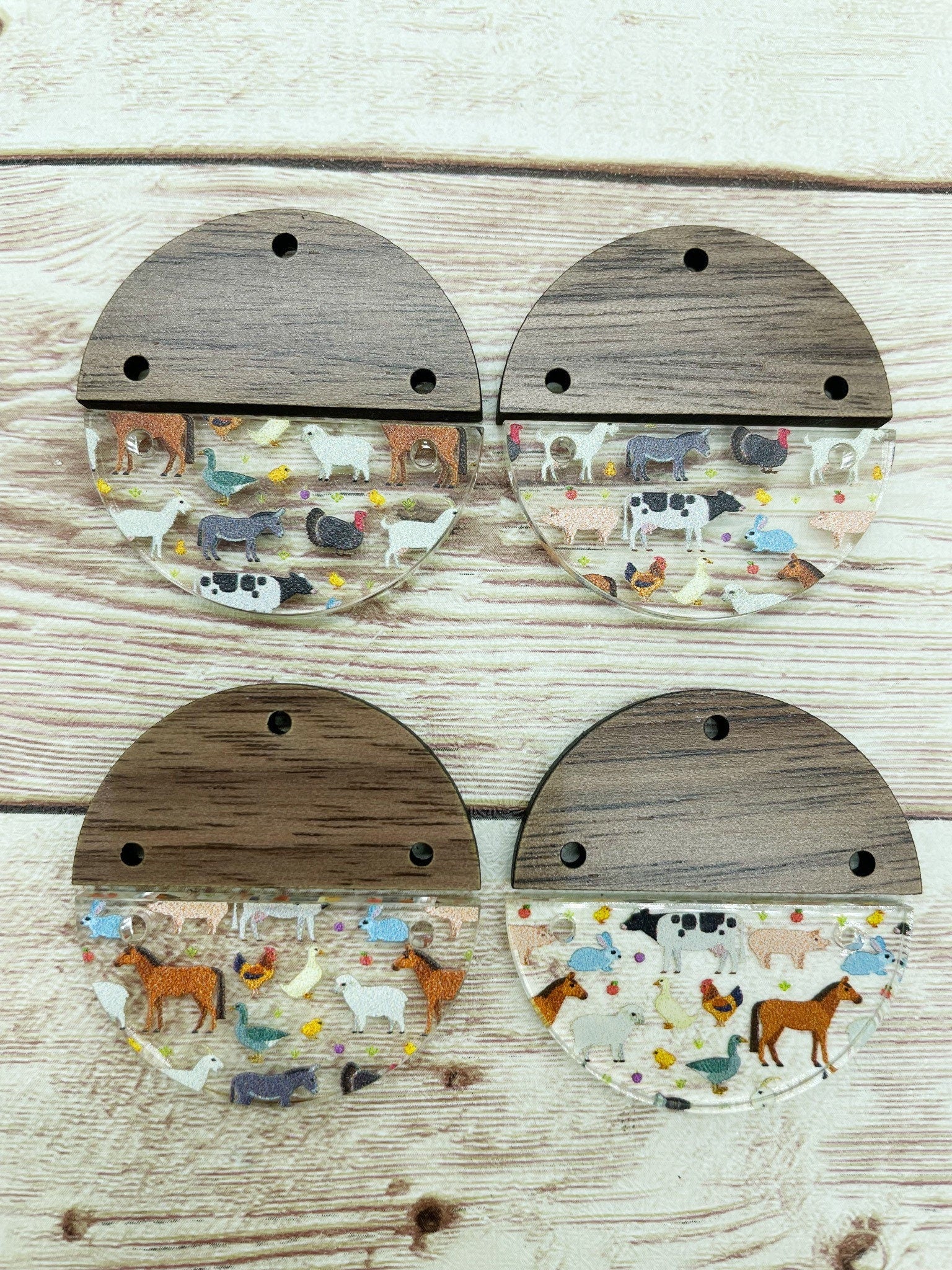 Patterned Acrylic and Wood Round Farm Animal Print Earring Blanks, DIY Jewelry Making