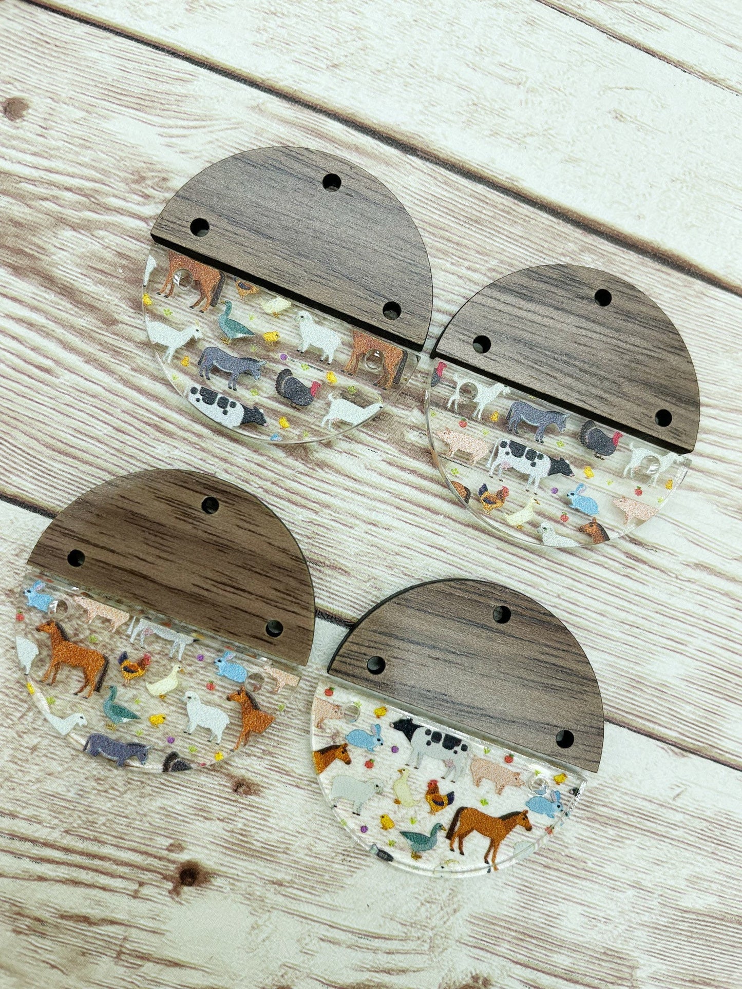 Patterned Acrylic and Wood Round Farm Animal Print Earring Blanks, DIY Jewelry Making