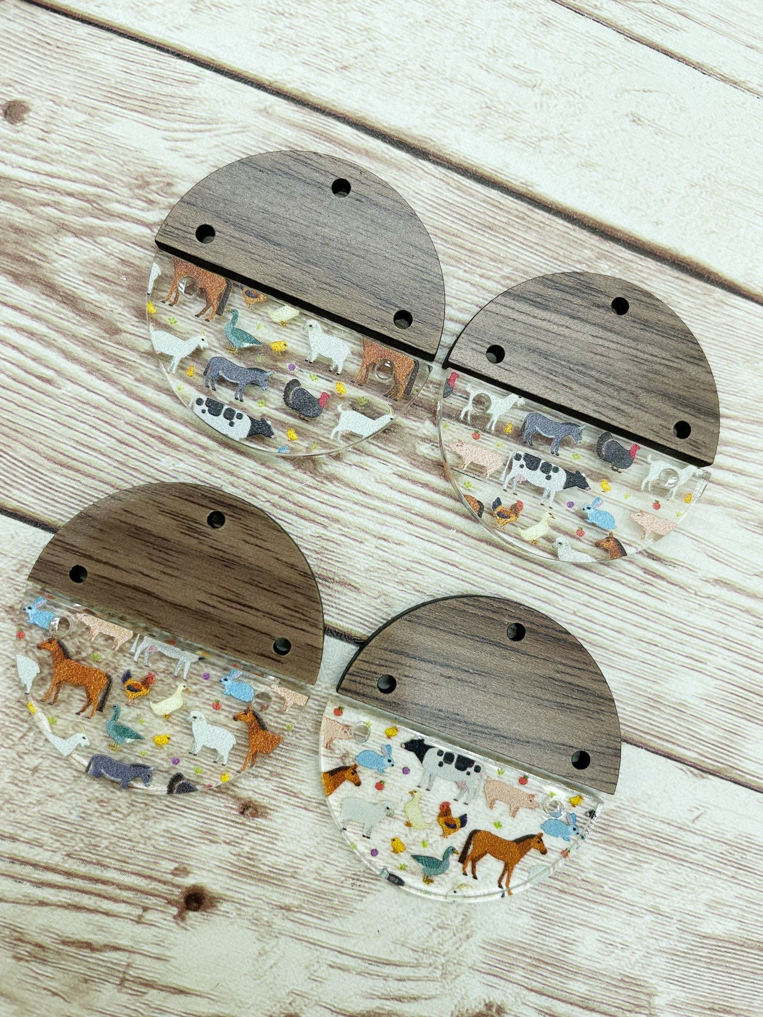 Patterned Acrylic and Wood Round Farm Animal Print Earring Blanks, DIY Jewelry Making