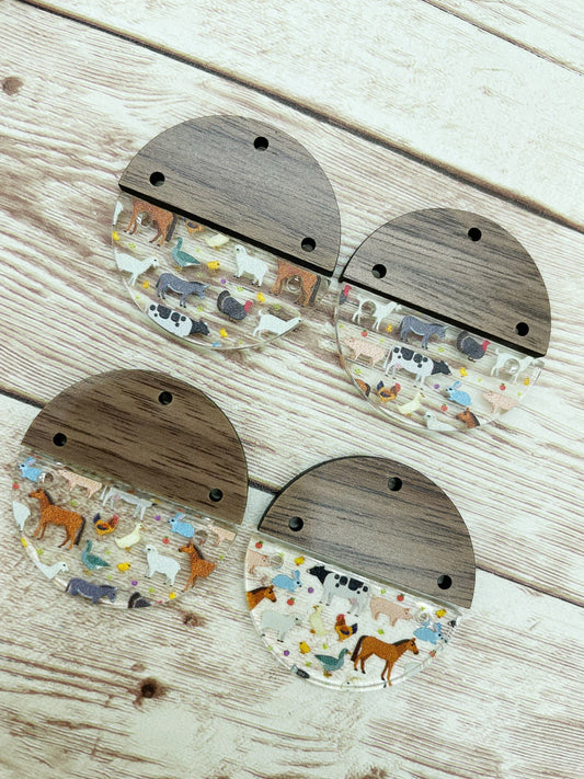 Patterned Acrylic and Wood Round Farm Animal Print Earring Blanks, DIY Jewelry Making