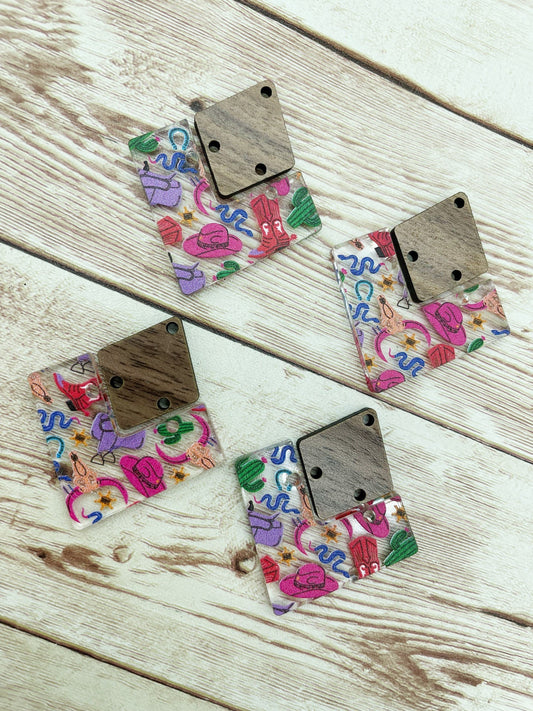 Patterned Cowgirl Print Acrylic and Wood Earring Blanks, DIY Jewelry Making