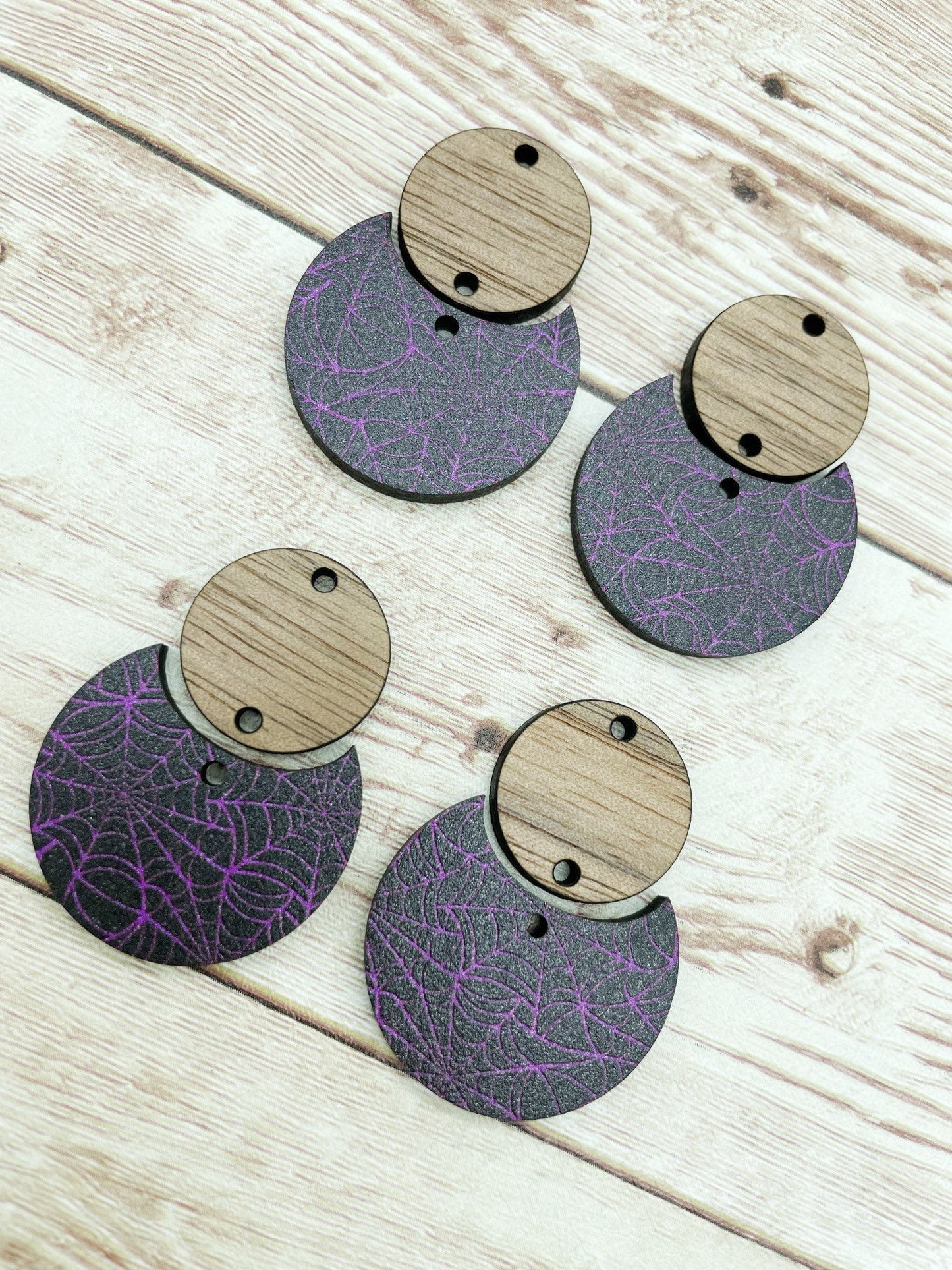 Patterned Halloween Purple Black Spiderweb and Wood Circle Set Earring Blanks, DIY Jewelry Making