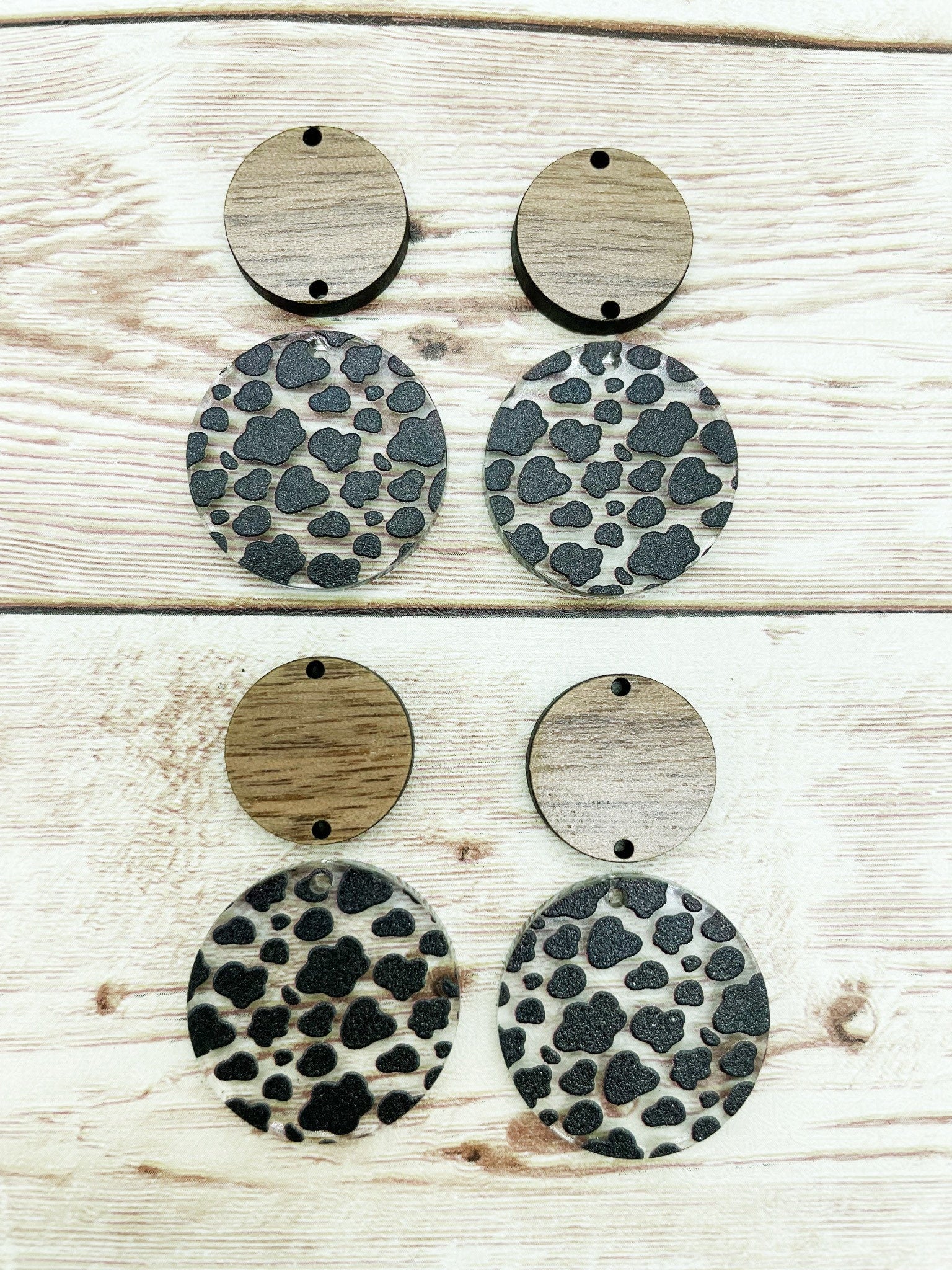 Patterned Cow Print Acrylic and Wood Circle Set Earring Blanks, DIY Jewelry Making