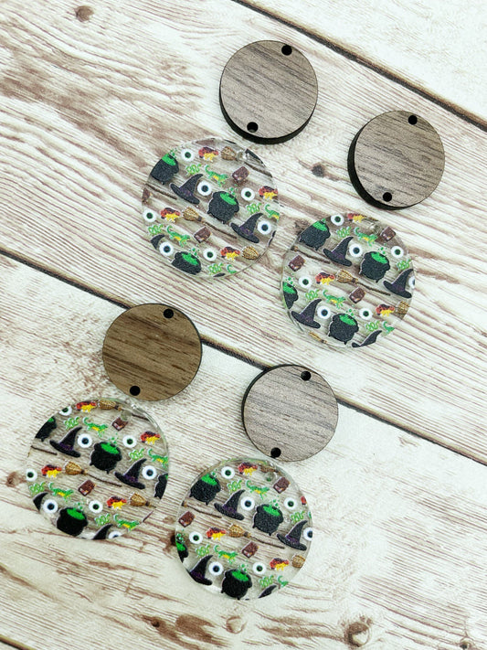 Patterned Halloween Witches Cauldron  Acrylic and Wood Circle Set Earring Blanks, DIY Jewelry Making